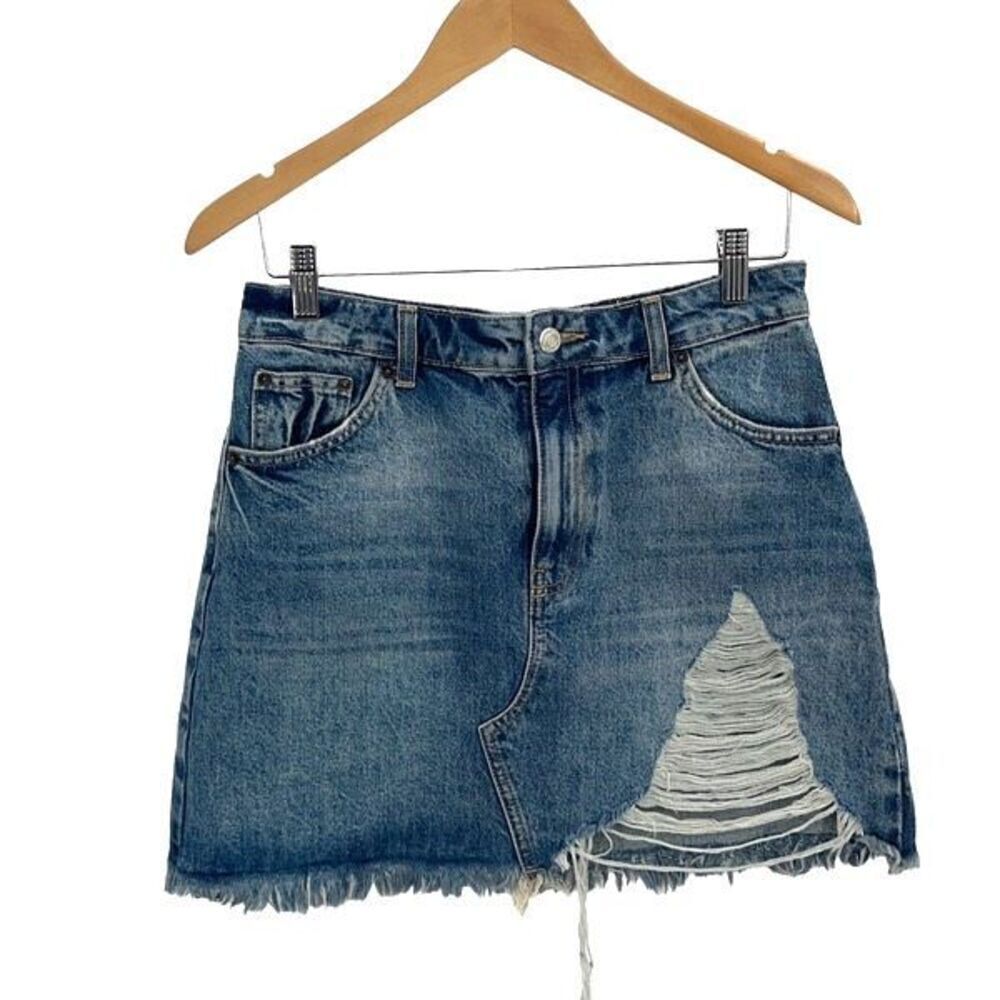 Topshop Womens High Rise Distressed Extreme Rip Denim Skirt Medium Wash 6 NWOT